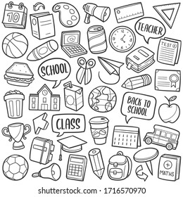 Back to school Doodle icons. Hand drawn set objects. Teacher Illustration vector.