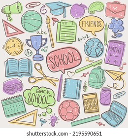 De vuelta a los iconos del doodle escolar. Diseño de símbolo de Logotipo de Clipart Hand Line Art.