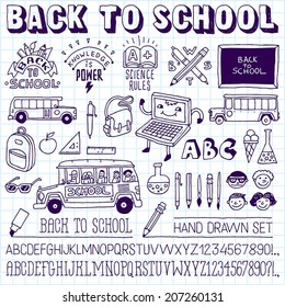Back to school doodle icons lettering signs set and two alphabets on school notebook. Hand drawn vector illustration.