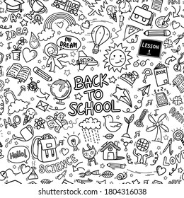 back to school doodle icons seamless pattern background. hand drawn education sign and stationery supply item and equipment symbols isolated on white background