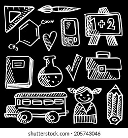 Back to school doodle icons set, chalk sketches on blackboard, vector illustration