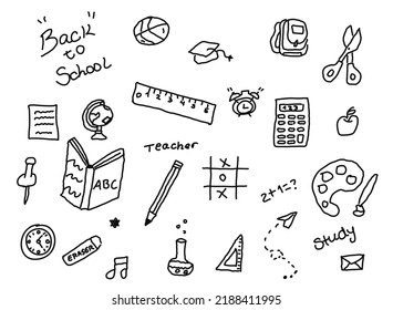 Back to school doodle icons. Vector illustration of different school related objects. Real authentic drawing made by children.