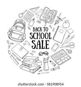 Back to school doodle illustration template isolated on white background. Sketchy vector concepts with stationery for graphic design, web banner and printed materials.