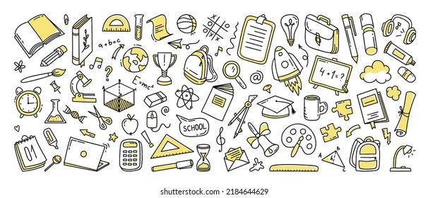 Back to school doodle a large set of elements. Vector illustration in line 