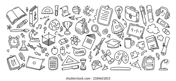 Back to school doodle a large set of elements. Vector illustration in line 