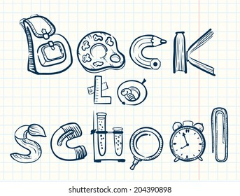 Back to school doodle lettering. Hand drawn letters as portfolio, books, flask, alarm clock, tubes for chemistry, apple, with a palette of colors, a magnifying glass, brush, marker. Education design