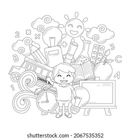 back to school doodle line drawing or coloring book