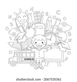 back to school doodle line drawing or coloring book
