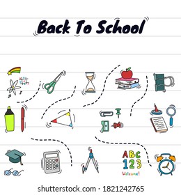 Back to school doodle line icon set supply in colorful. Good for digital education, hand drawn design, wrapping paper and website wallpapers.