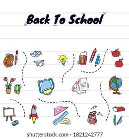 Back to school doodle line icon set supply in colorful. Good for digital education, hand drawn design, wrapping paper and website wallpapers.