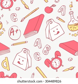 Back to school doodle objects background. Hand drawn school supplies seamless pattern. Vector illustration