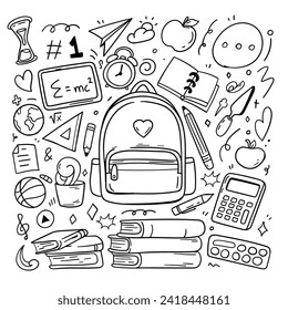 Back to school doodle on white background. school supplies element. vector illustration.