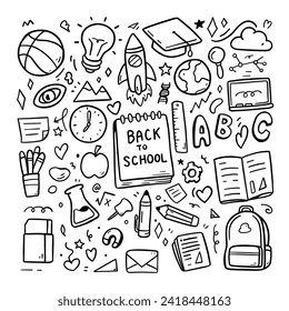 Back to school doodle on white background. school supplies element. vector illustration.