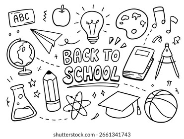 Zurück zur Schule Doodle auf weißem Hintergrund. Vektorgrafik