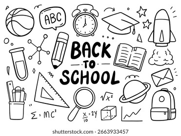 Regreso a la escuela doodle sobre fondo blanco. Ilustración vectorial
