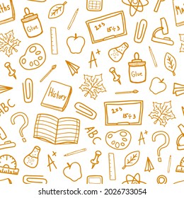Back to school doodle orange line drawn vector seamless pattern. Studying elements. Start of the school year. For wallpaper, fabric, posters, paper, craft , background.