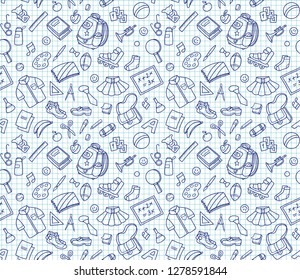 back to school doodle pattern, school bag, book, pen. school fair