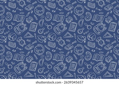 Back to school doodle pattern on blue background. Hand drawn stationary object of book, globe, pencil, backpack. Design for fabric, wrapping paper, wallpaper.