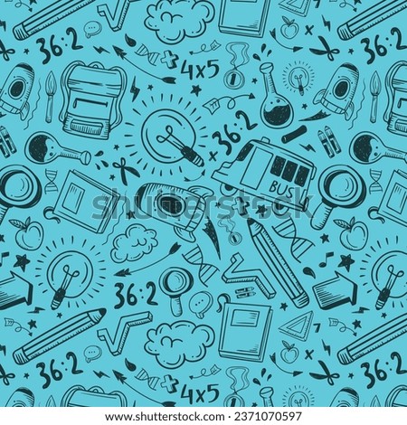 Back to school doodle pattern. Vintage drawing of hand drawn object stationary of pencil, pen, book, bag, and ruler vector illustration. Blue color paper background, good for fabric, wrapping print.