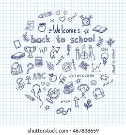 Back to school.  Doodle pen drawn background. Hand drawn vector design elements on  sketchbook checkered paper background. Vector illustration.