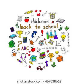 Back to school.  Doodle pen drawn background. Hand drawn colored vector design elements on  white background. Vector illustration.