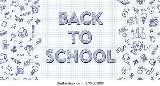 De vuelta a la escuela. Los lápices de Doodle dibujaron fondo. Elementos de diseño de vector dibujados a mano en el fondo del papel con revisión de esbozo.Fondo vectorial, banner horizontal