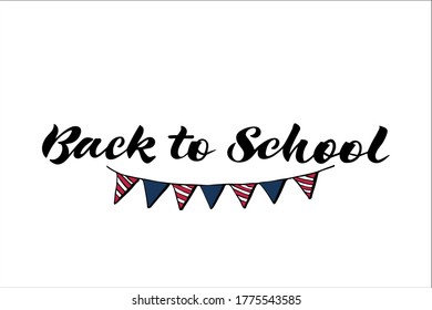 Back to school with doodle red and blue flags hand lettering vector