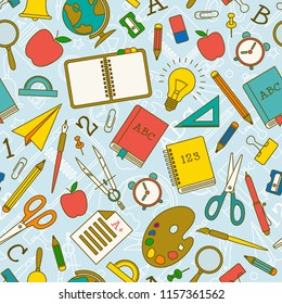 Back to school doodle seamless pattern with supplies and objects on light blue background vector illustration