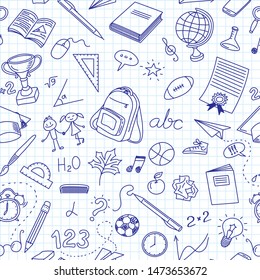 Back To School Doodle Seamless Pattern. Back To School Sketch Chalkboard Doodles. Hand Drawn Background School Concept