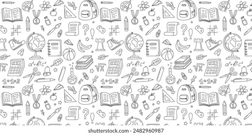 Back to school doodle seamless pattern with school supplies. Hand drawn vector school background. Suitable for banners, flyers, advertising, packaging, textiles, covers