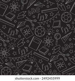 Back to school doodle seamless pattern with different school supplies.	