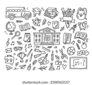 Back to school doodle seamless pattern. Hand drawn background with school supplies and creative elements