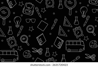Back to school doodle seamless pattern. Hand drawn background with school supplies and creative elements. Vector illustration	