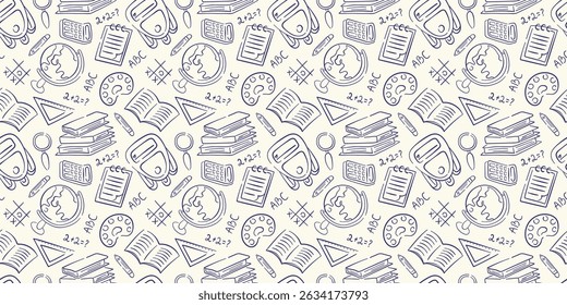 De volta à escola rabiscar padrão sem costura. Esboço objeto estacionário de lápis, caneta, livro, mochila, régua, globo em um fundo bege.