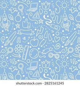 Back to school doodle seamless pattern. Hand drawn background with school supplies and creative elements. Back To School Background for advertising, banners, leaflets and flyers. Vector illustration
