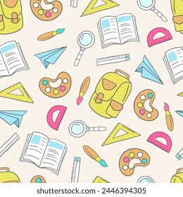 Back to school doodle seamless repeat pattern. Hand drawn background with school supplies and creative elements.