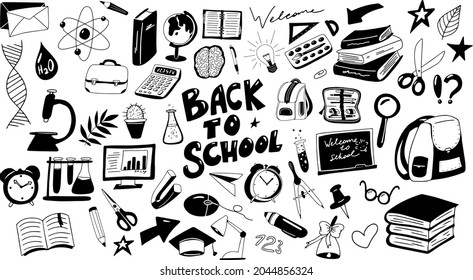 Back to school doodle set. Book, pen, notebook study element. Vector draw