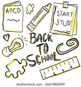 Back to school doodle set with book, crayon, paper note, ruler, puzzle, heart, light bulb, and paperclip in hand-drawn sketch style on white background.