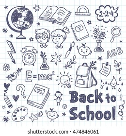 Back to School doodle set with cartoon school subjects. Back to School Vector Illustration. Notebook doodles hand-drawn illustration design.