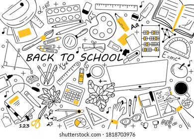 Back to school doodle set. Collection of hand drawn sketches templates patterns of educational equipment books pencil eraser pen for pupils study. Education and getting knowledge illustration.