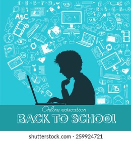 Back to school - doodle set, colored icons flat. Online education concept, silhouettes of students. Hand drawn vector illustration.