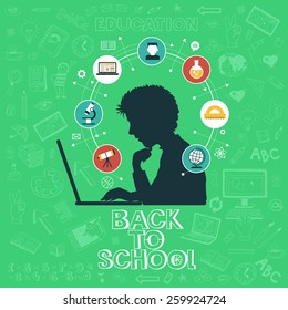 Back to school - doodle set, colored icons flat. Online education concept, silhouettes of students. Hand drawn vector illustration.