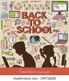 Back to school - doodle set, education concept, silhouettes of students.