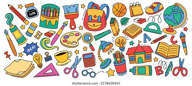 Back to school doodle set and element vector collection