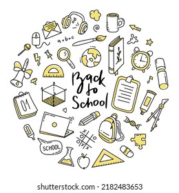 Back to school doodle set of elements. Vector illustration in line