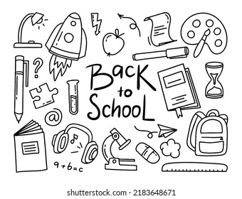 Back to school doodle set of elements. Vector illustration in line