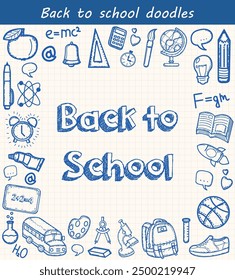 Back to School doodle set. Hand draw school items on a sheet of exercise book. Vector illustration