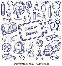 Back to School doodle set. Hand draw school items on a sheet of exercise book. Vector illustration