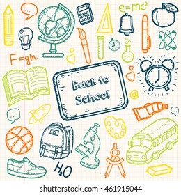 Back to School doodle set. Hand draw school items on a sheet of exercise book. Vector illustration