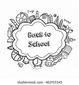 Back to School doodle set. Hand draw school items on a sheet of exercise book. Vector